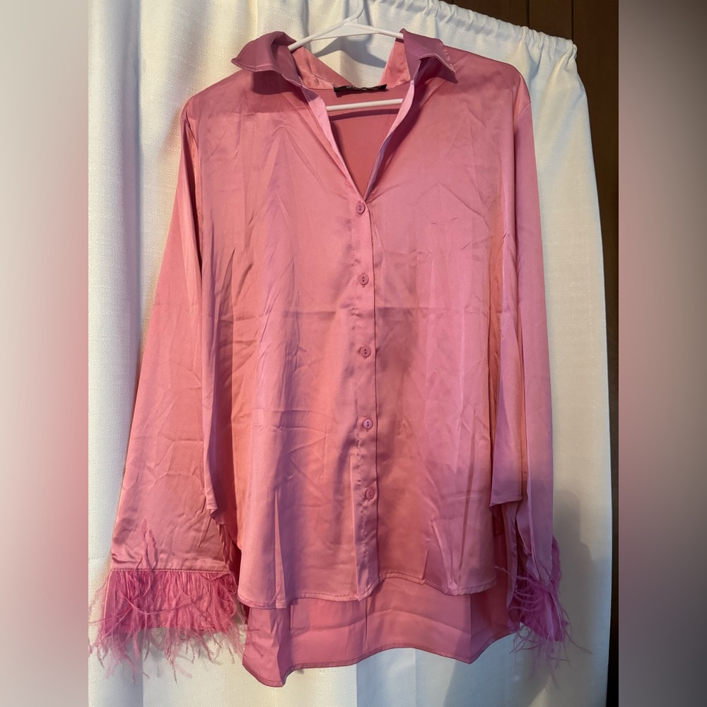 Blue B pink satin button down